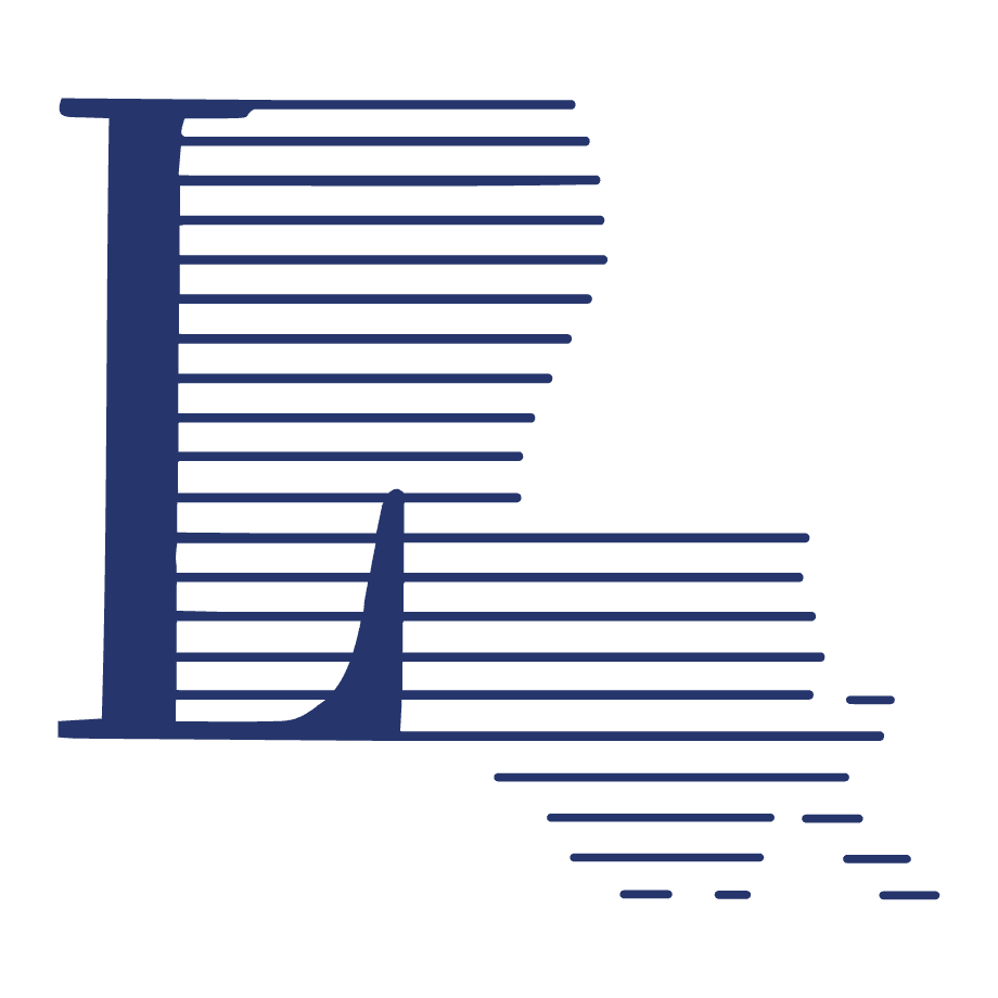 A large blue letter "L" with horizontal blue lines extending from the letter to the right on a white background.