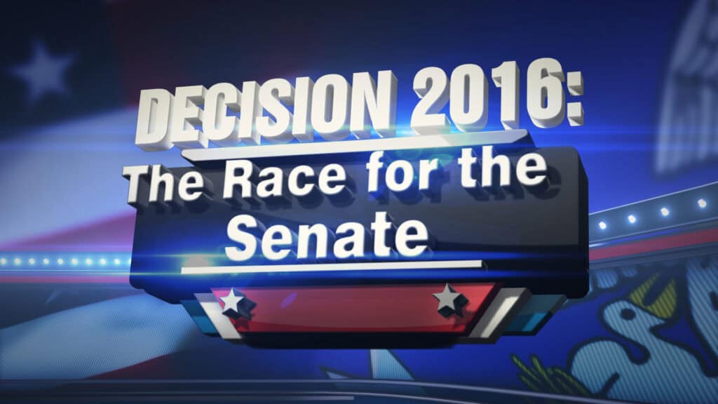 Text on screen reads "Decision 2016: The Race for the Senate" with a patriotic-themed background.