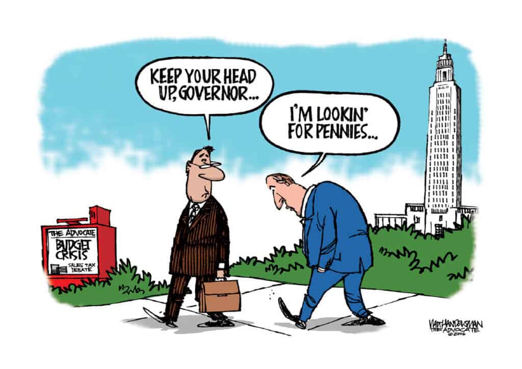 Two men in suits talk by a "Budget Crisis" sign; one suggests registering today for the CABL Annual Meeting to find solutions.