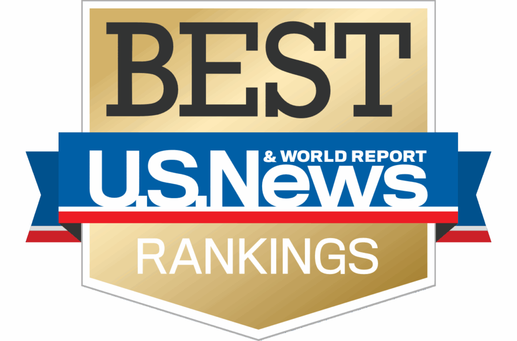 A gold shield-shaped badge with "Best U.S. News & World Report State Rankings" in bold text.