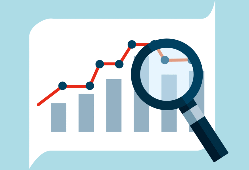 Bar chart and line graph with data points, a magnifying glass zooms in, symbolizing SEO data analysis and Two Rankings insight.