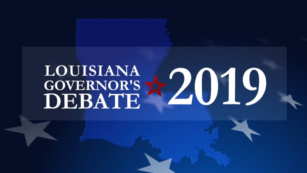 Graphic with a blue map of Louisiana, white stars, and text: "Louisiana Governor's Debate 2019" with a red star.