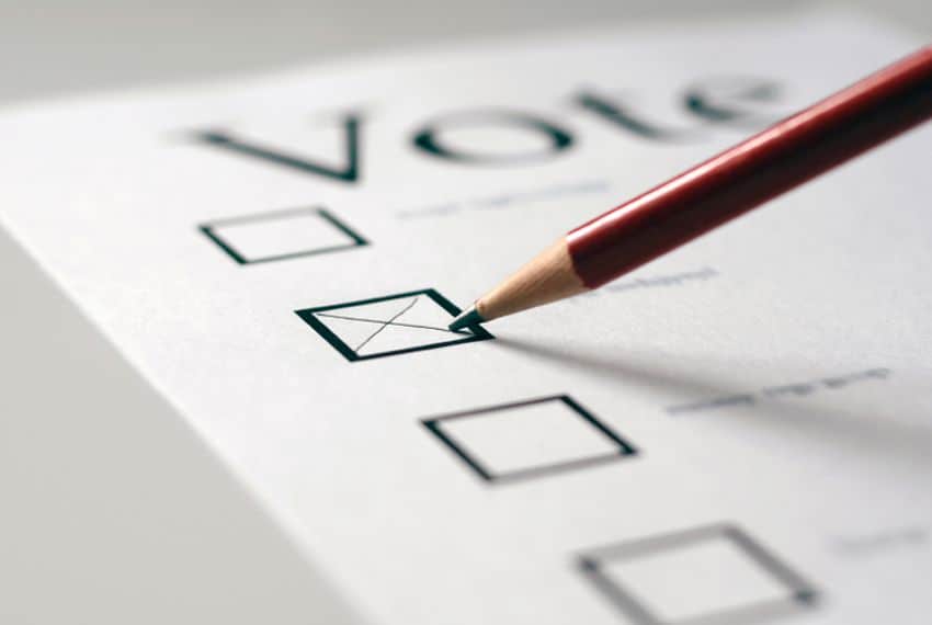 A pencil marks a checkbox on a CABL paper ballot labeled "Vote," highlighting options for Constitutional Amendments below.