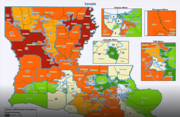 Map of Louisiana showing electoral districts with colored political boundaries, metro area insets, and labeled district numbers for each region.