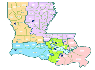Map of Louisiana divided into five color-coded regions with markers highlighting locations tied to redistricting and special session events.