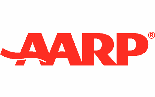 Red AARP logo on a white background. The first "A" has a curved line extending from its left side.
