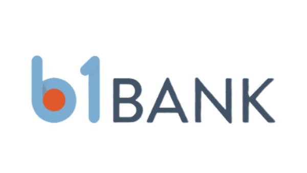 B1BANK logo with a blue lowercase "b" containing an orange dot, a blue "1," and the word "BANK" in dark blue uppercase letters.