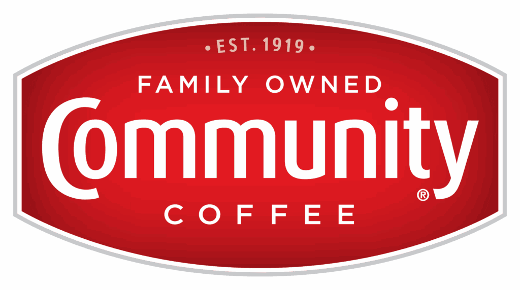 A red oval logo with white text reads "Family Owned Community Coffee Est. 1919.