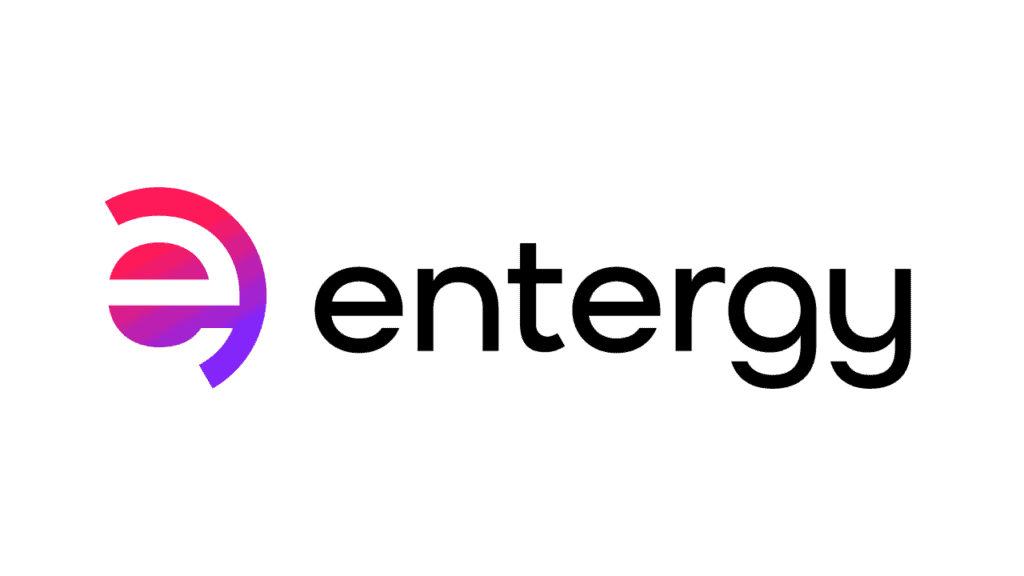 The Entergy logo features a stylized lowercase "e" in red and purple gradient, followed by the word "entergy" in black text.