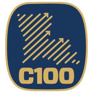 A blue shield with gold outline features upward arrows and the number