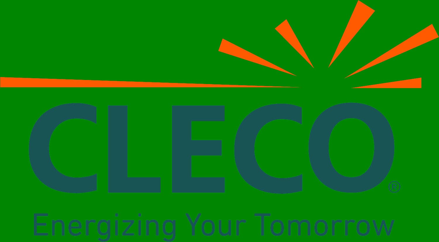 CLECO logo featuring blue text and green rays above the letters, with the tagline “Energizing Your Tomorrow” below the company name.