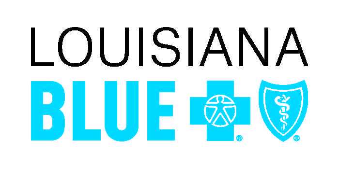 Logo with the words “Louisiana Blue” next to a blue cross and a blue shield, each with white medical symbols inside.