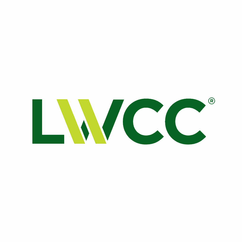 The image shows the LWCC logo in green and light green letters on a light gray background.